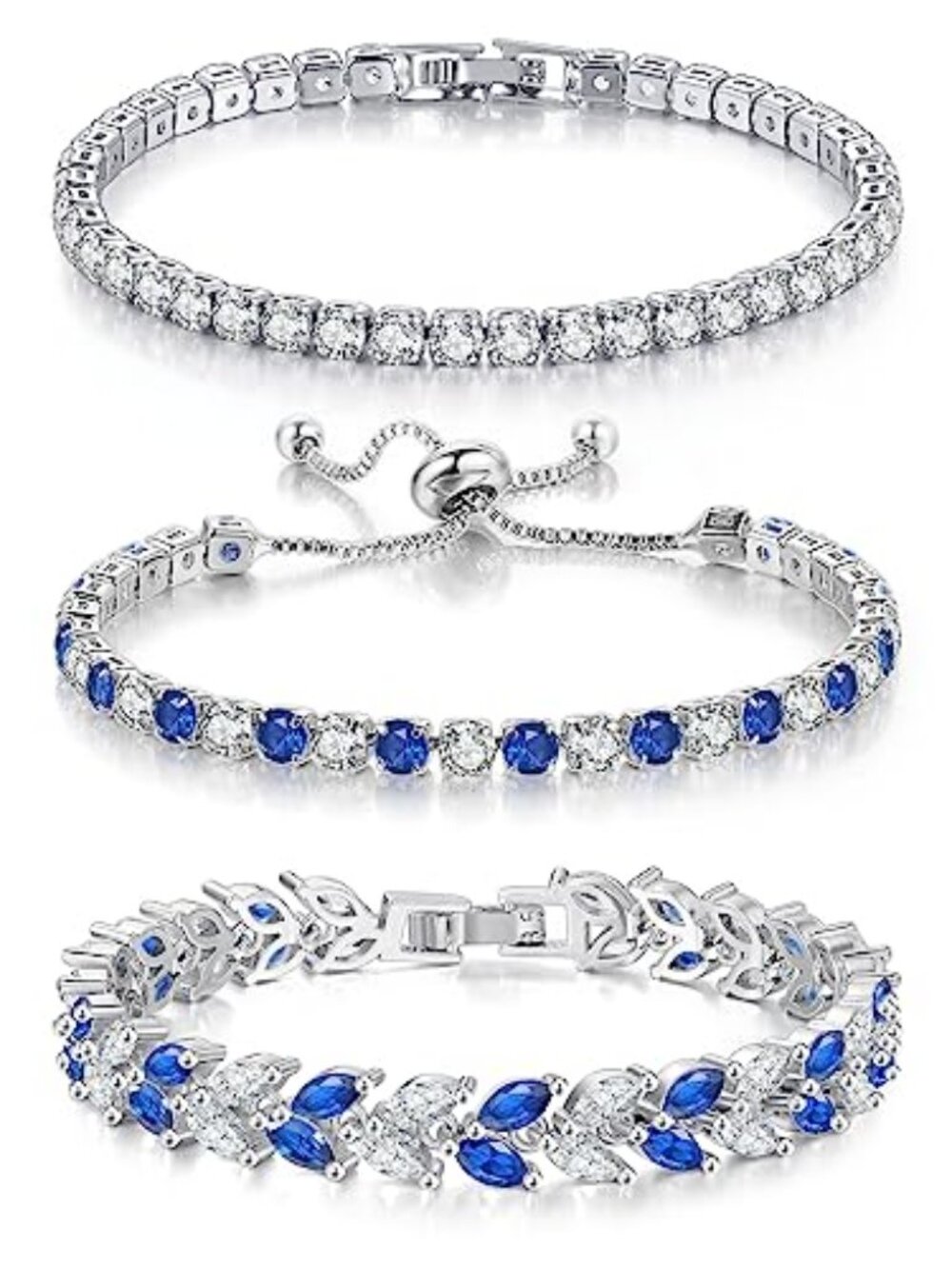 New - 3 Pcs Tennis Bracelet Set 14K Gold Plated Marquise Cubic Zirconia